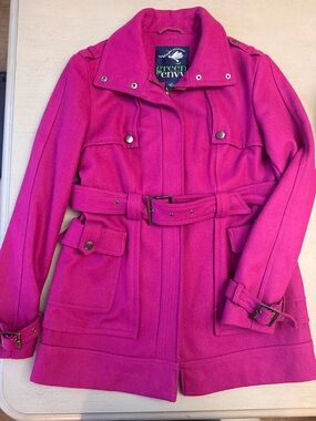 Women's Green W/ Envy Magenta Belted Wool Pea Coat Size Small/Medium EUC